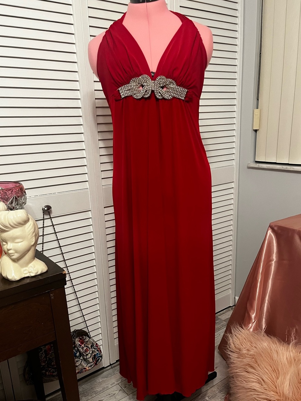 Red Rhinestone Halter Evening Gown – Size 8